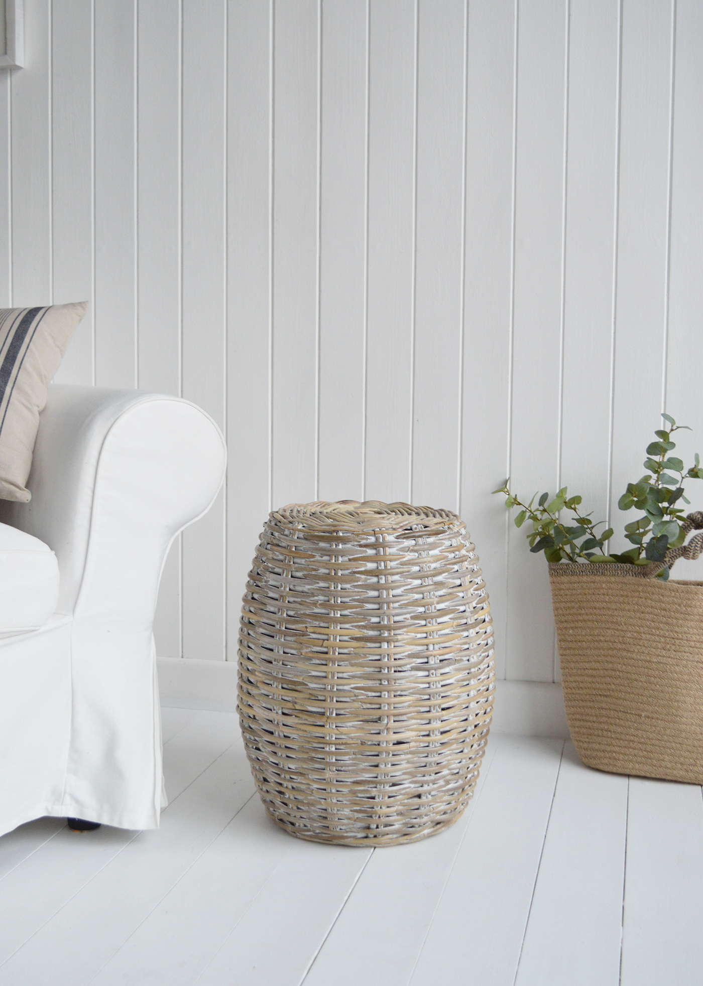 Oxford white wash willow seat or stool  - Ideal to add warmth with natural material in a coastal or New England living room interior decor from The White LIghthouse Furniture. Bathroom, Living Room, Bedroom and Hallway Furniture for beautiful homes