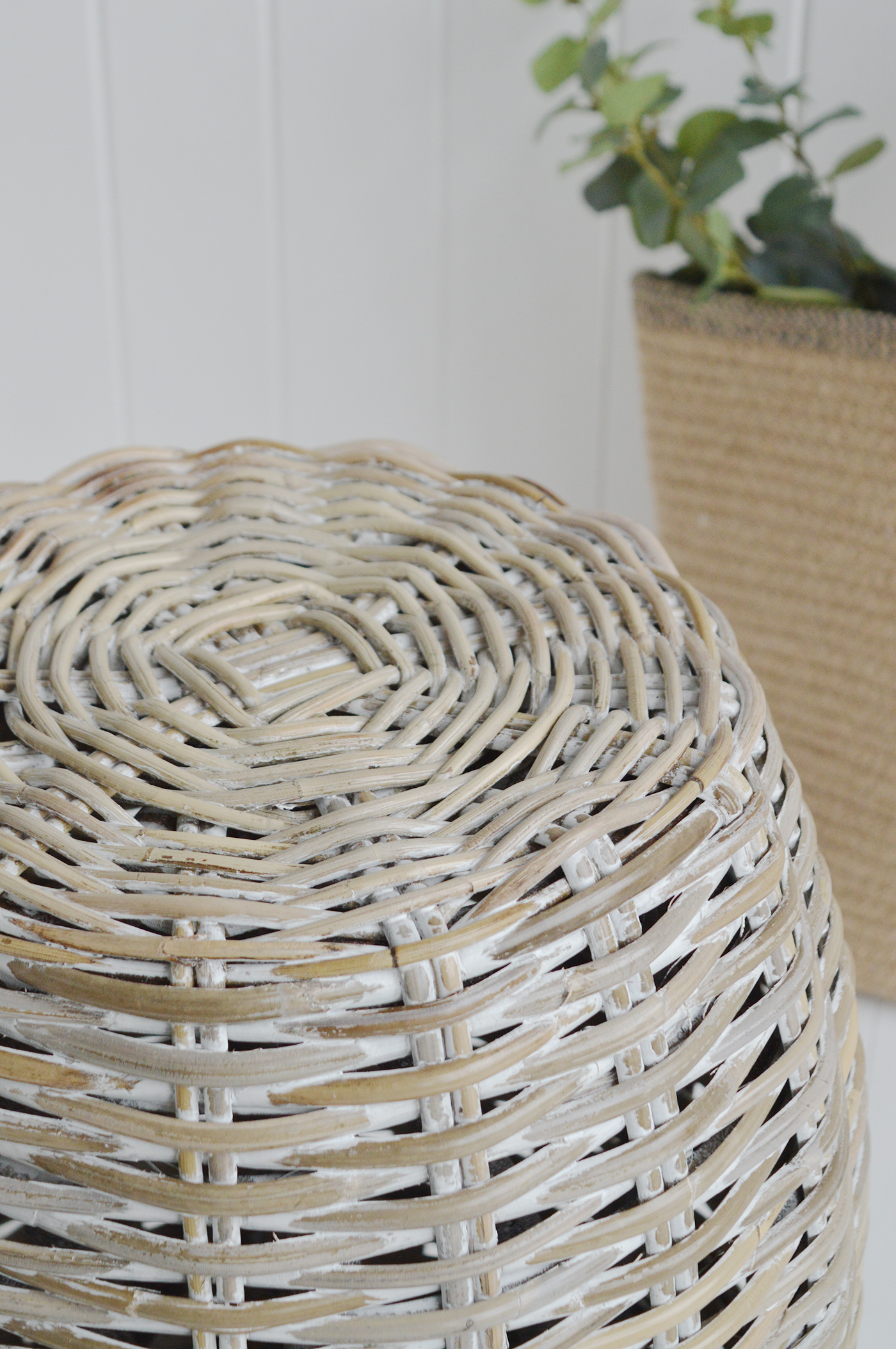 Oxford white wash willow seat or stool  - Ideal to add warmth with natural material in a coastal or New England living room interior decor from The White LIghthouse Furniture. Bathroom, Living Room, Bedroom and Hallway Furniture for beautiful homes
