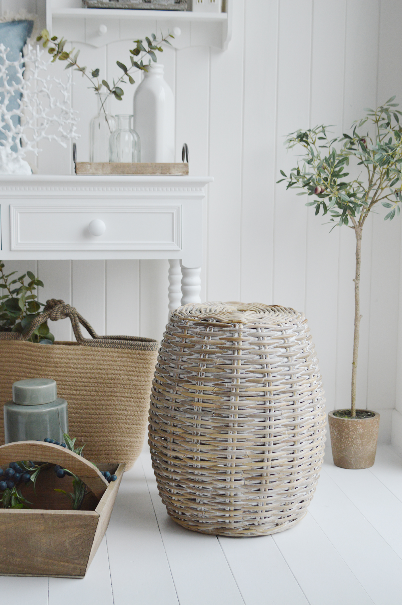Oxford white wash willow seat or stool  - Ideal to add warmth with natural material in a coastal or New England living room interior decor from The White LIghthouse Furniture. Bathroom, Living Room, Bedroom and Hallway Furniture for beautiful homes