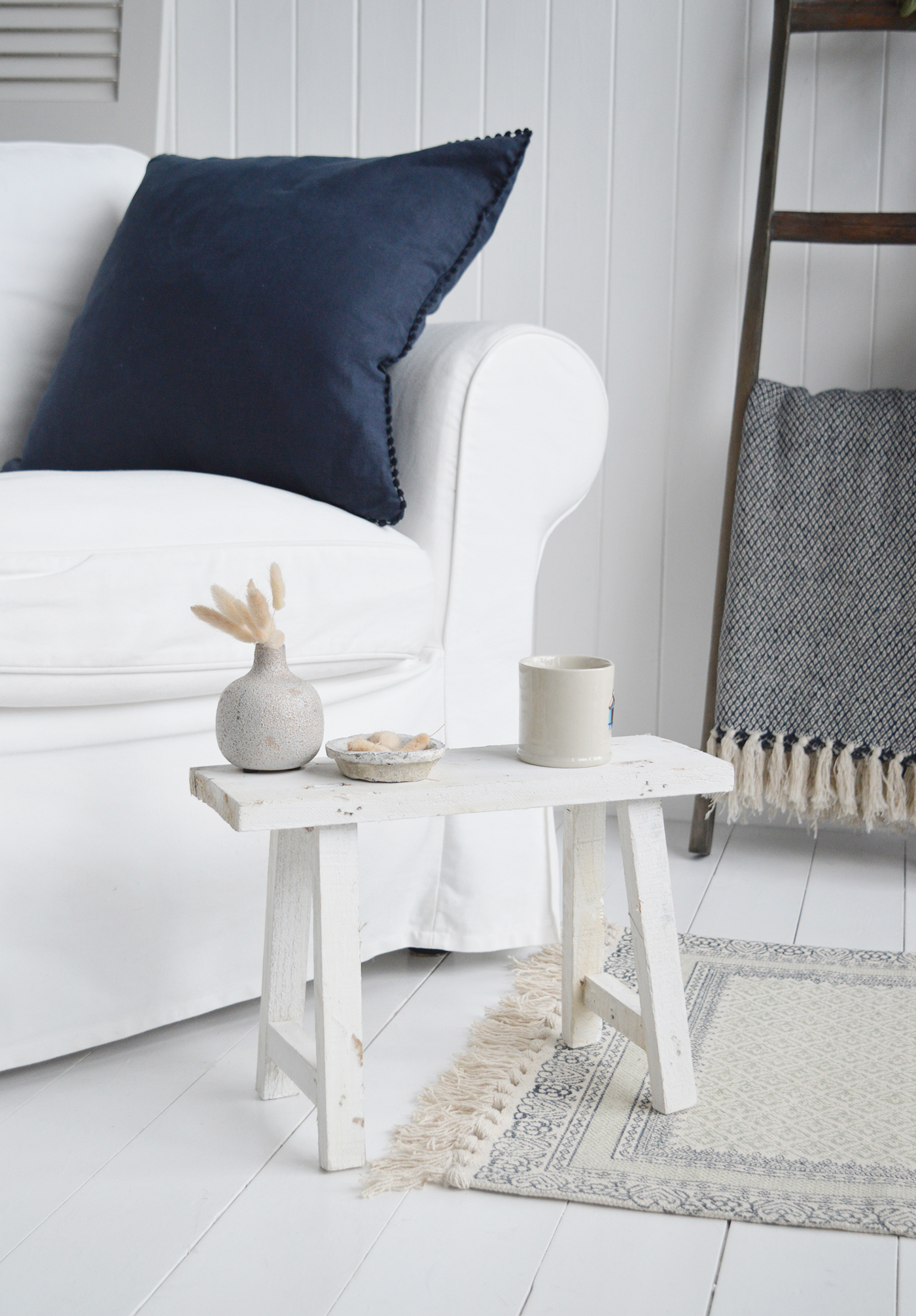 White Decorative rustic woodn stool for Modern Farmhouse, coastal aand country style interiors 