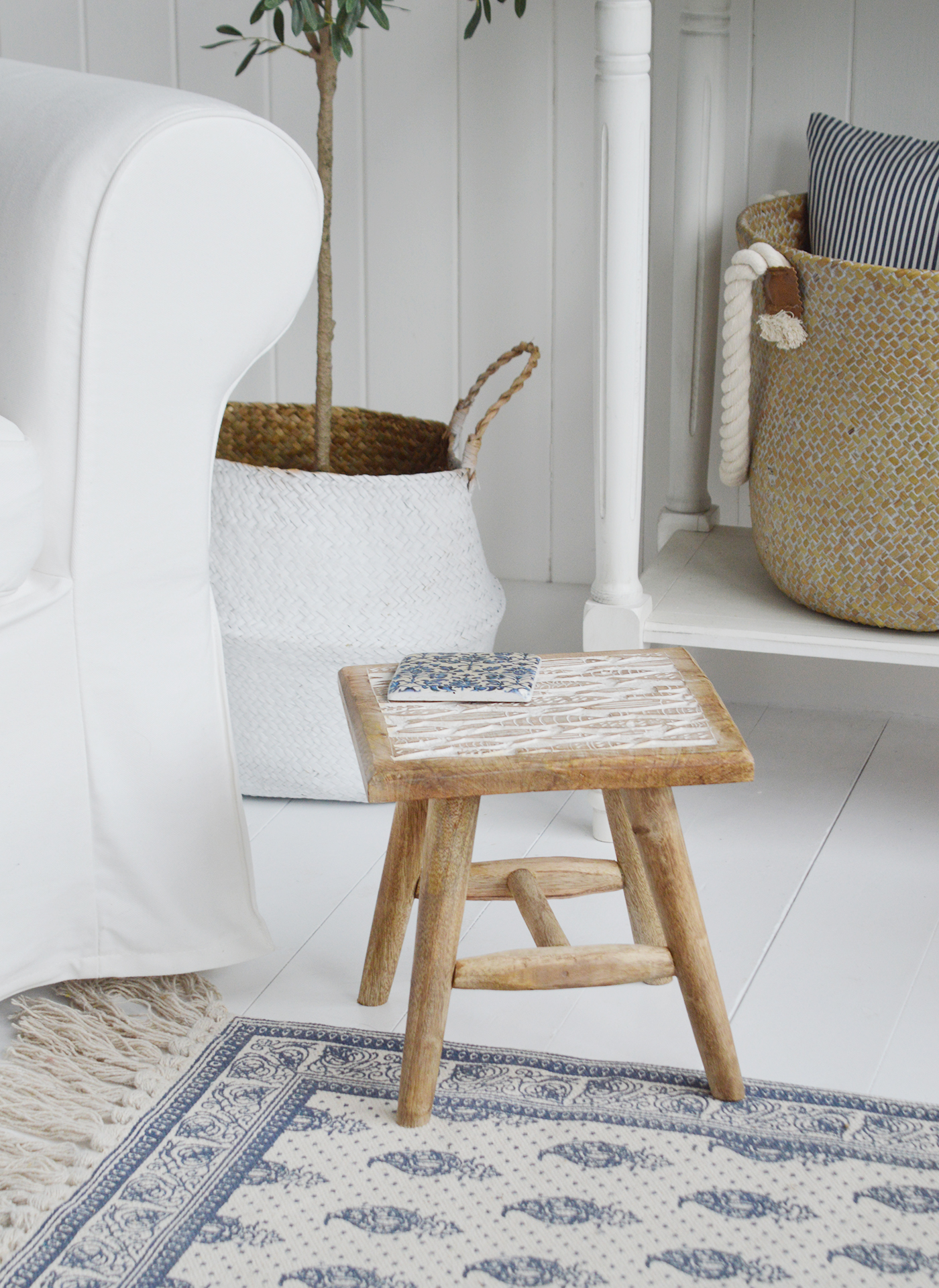 White wooden bathroom stool discount