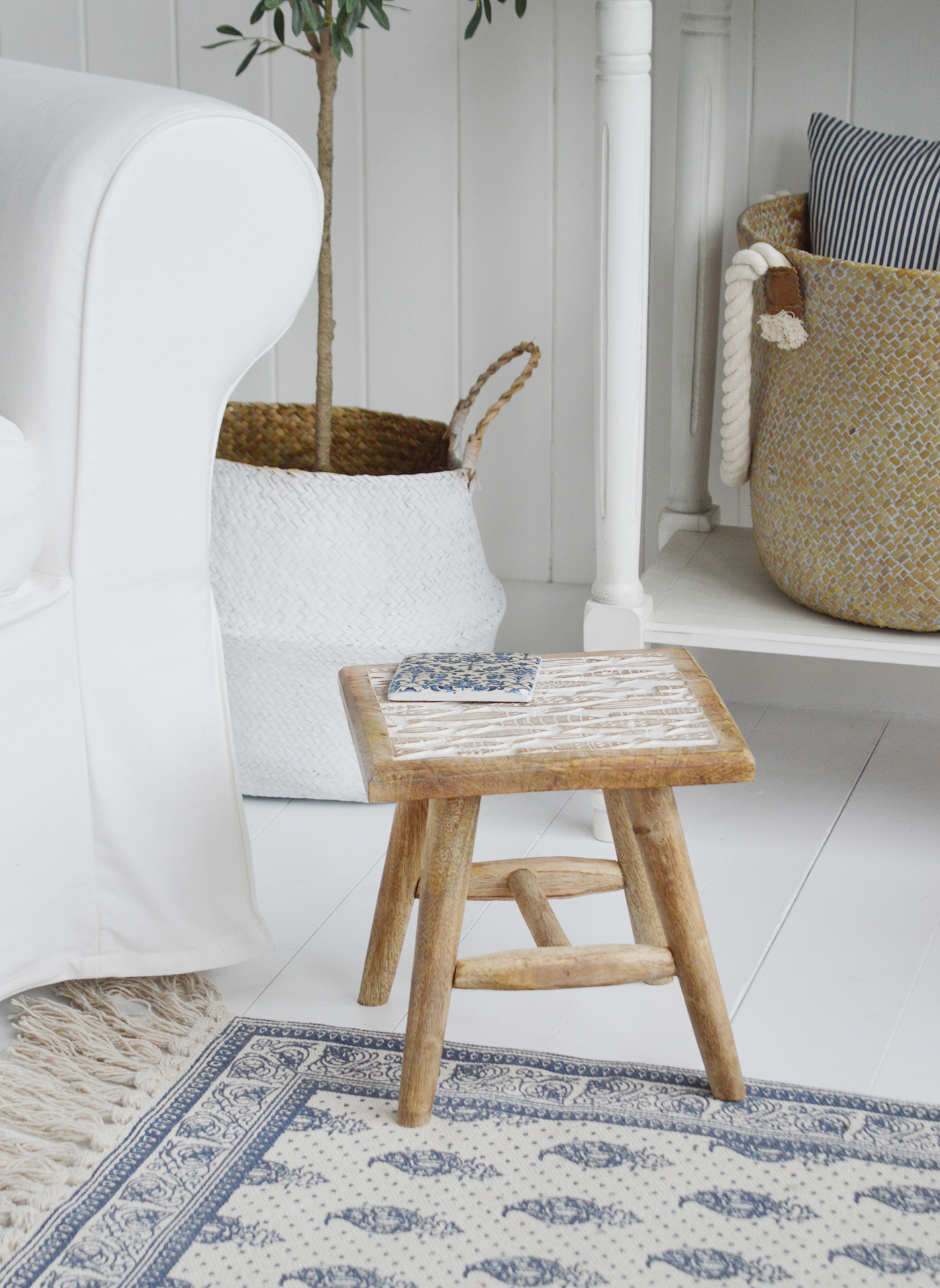 Coastal Wooden Small Milking Stools - New England Coastal Furniture