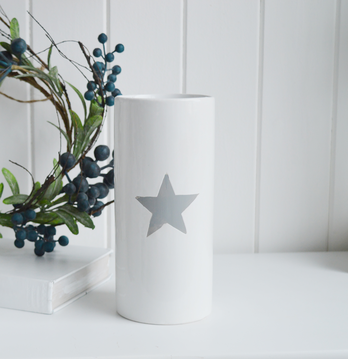 White ceramic vase with grey star and bowl for white homes and interiors