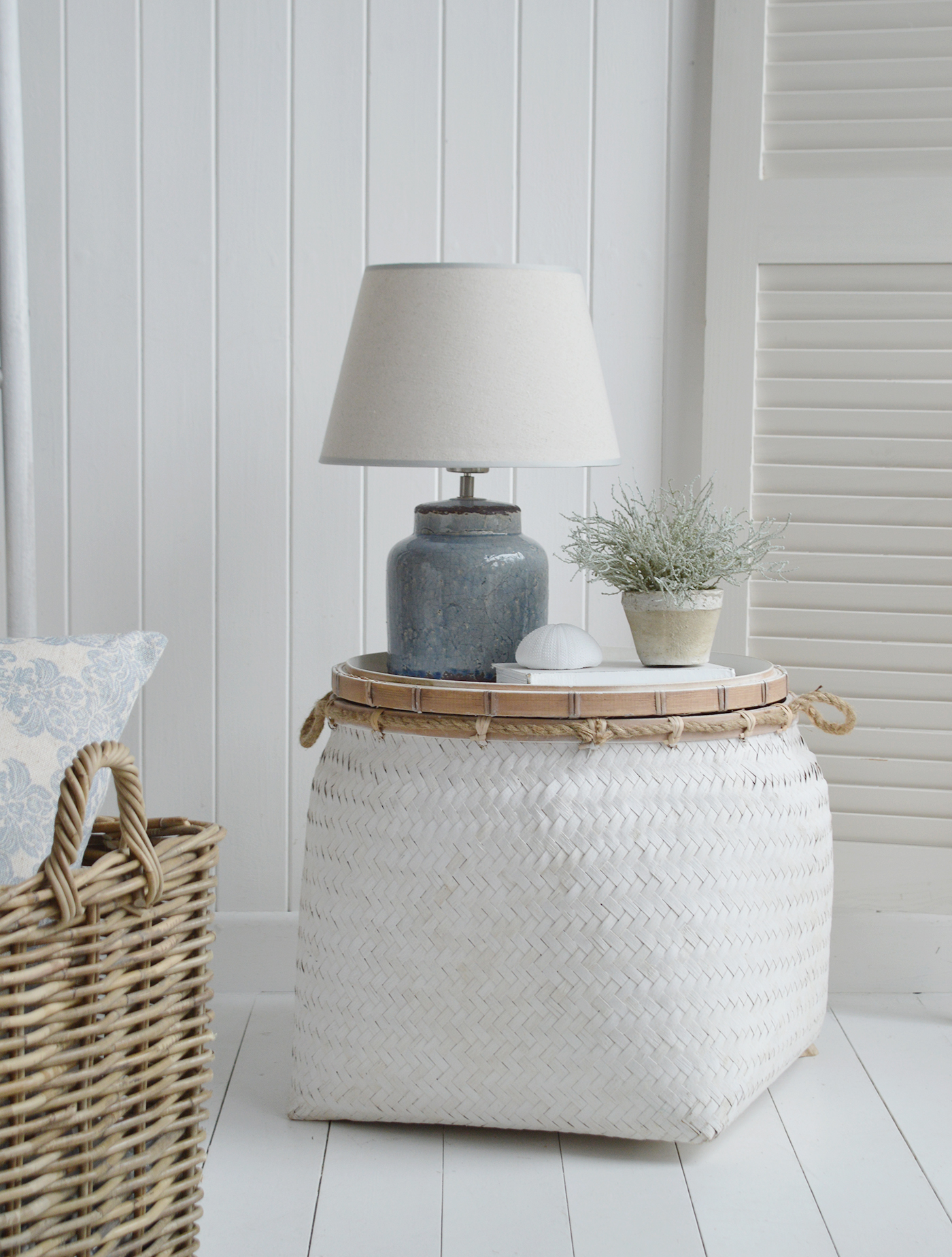 The Blue Compton lamp on the white Nantucket table, blue and white interiors for a beautiful subtle coastal interior 
