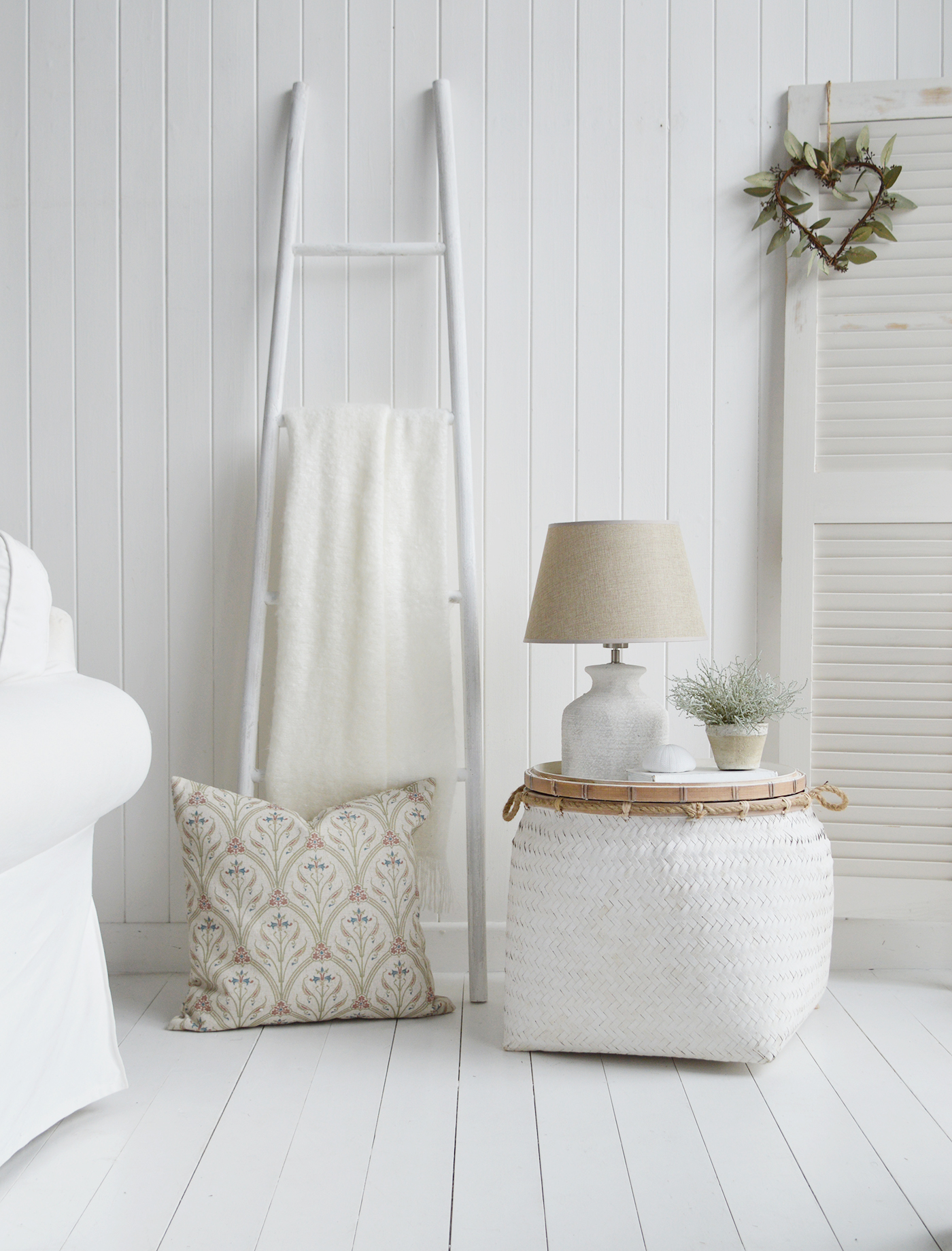 Simple New England white interiors, a subtly coastal style suitable for beach houses and Hamptons homes ... featuring the Provincetown white blanket ladder, the Nantucket table, Barnstead Lamp and Colton cushion 