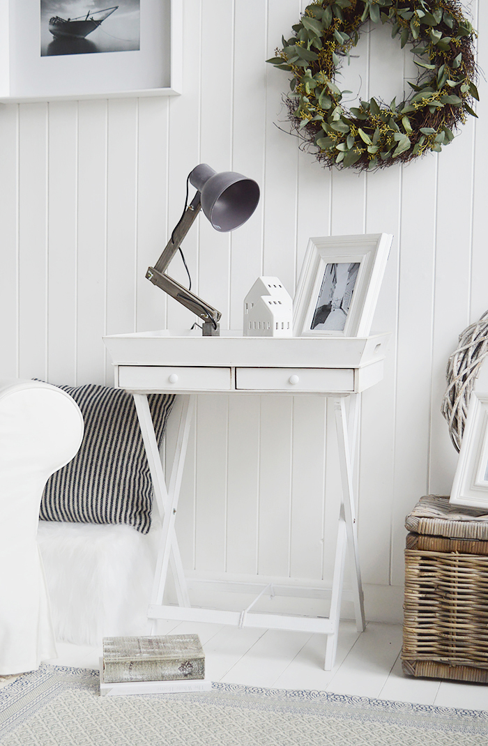 Rhode Island white table with drawers for New England styles country, coastal and city homes. Living room furniture