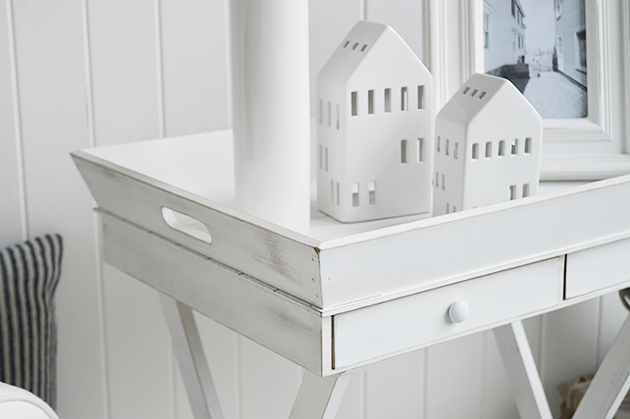 White furniture. Rhode Island white table with drawers for New England styles country, coastal and city homes