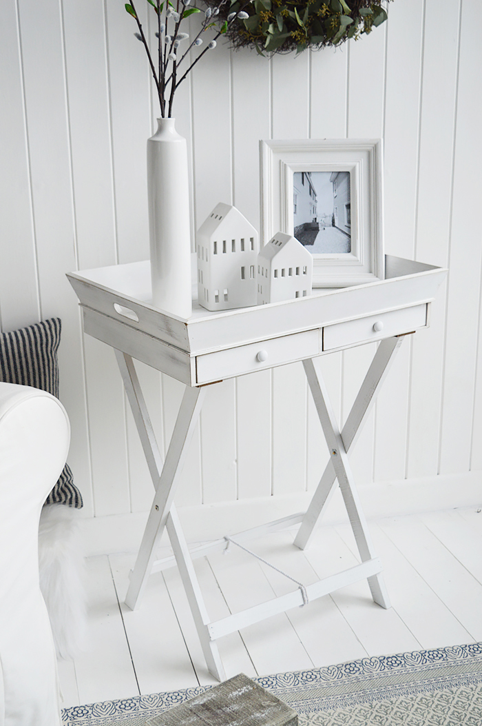 White Living room furniture. Rhode Island white table with drawers for New England styles country, coastal and city homes
