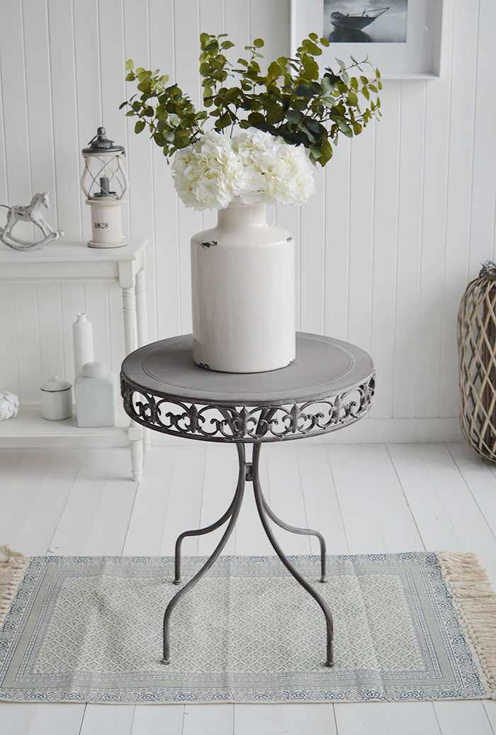 Winchester grey round table. New England Coastal White Furniture home interiors from The White Lighthouse Furniture. Bathroom, Living Room, Bedroom and Hallway Furniture for beautiful homes