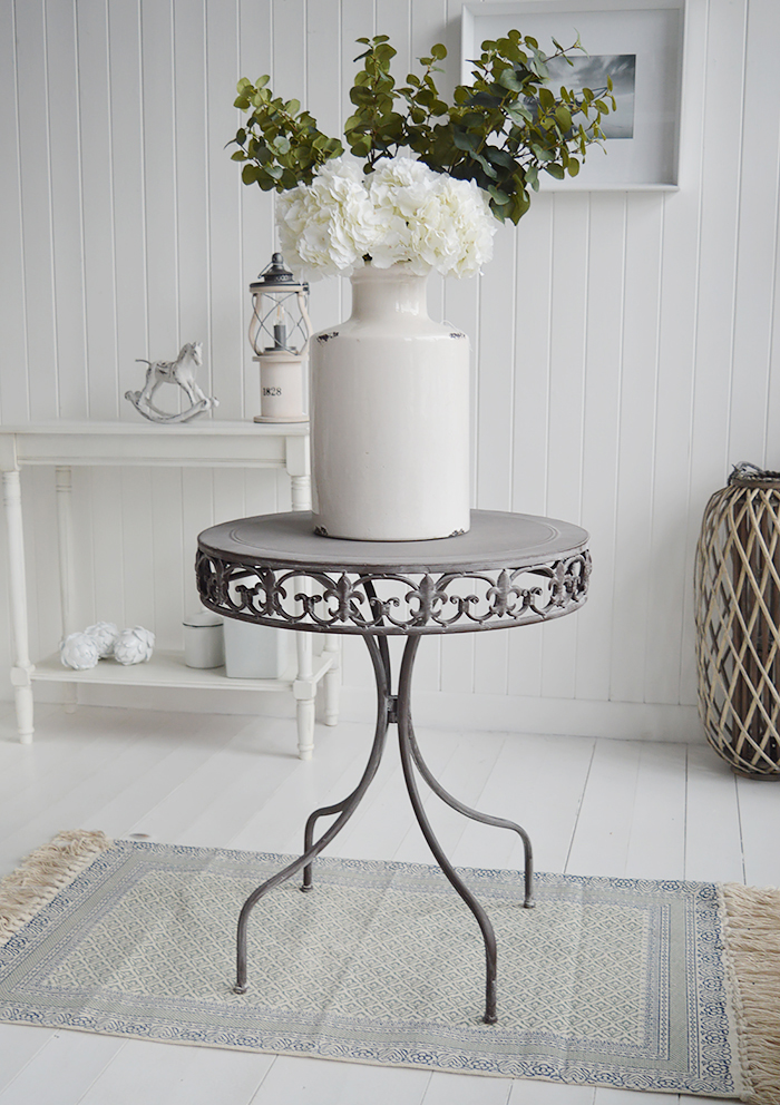 Winchester grey round table. New England Coastal White Furniture home interiors from The White Lighthouse Furniture. Bathroom, Living Room, Bedroom and Hallway Furniture for beautiful homes