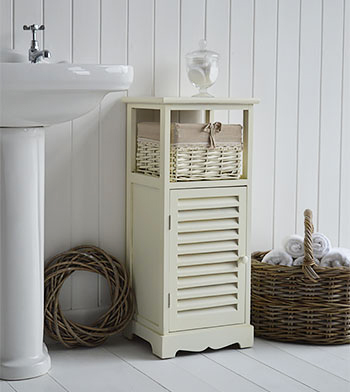 Hamptons cream bathtoom cabinet with cupboard and basket