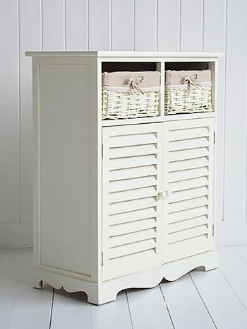 Hamptons cream cupboard with baskets