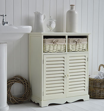 Hamptons cream large bathroom cabinet with baskets