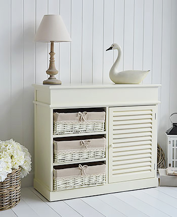 Hamptons cream sideboard for living room furniture with cupboard and basket drawers