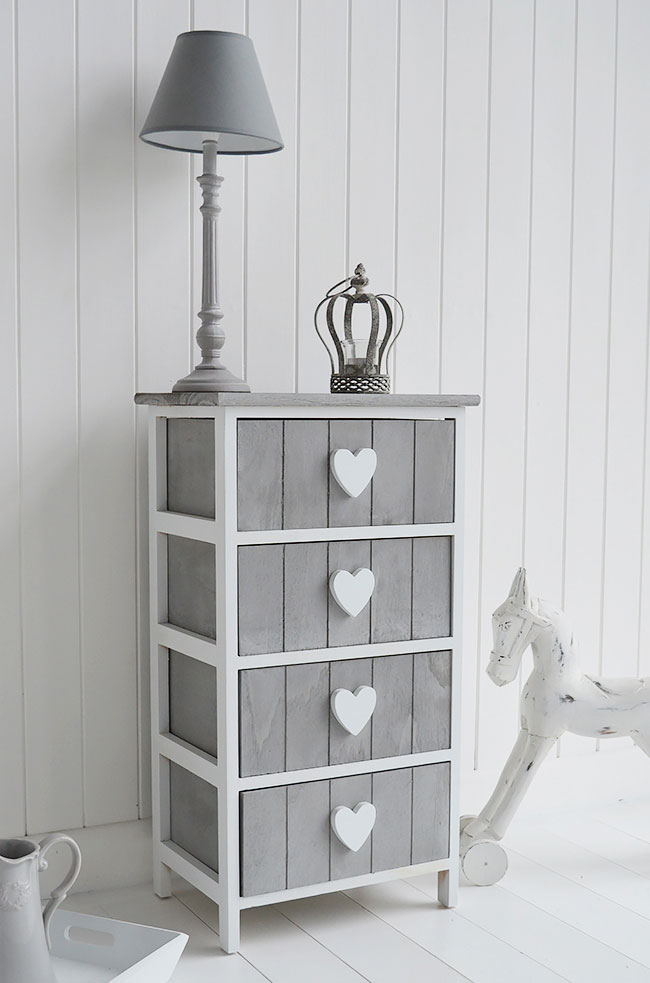 Heart Cottage Grey and White 4 drawer chest for New England Country and Coastal furniture and home interiors