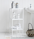Brighton white three tier bathroom shelf unit. Bathroom shelves for storage from The White LIghthouse Furniture for New England, country, coastal and city home interiors
