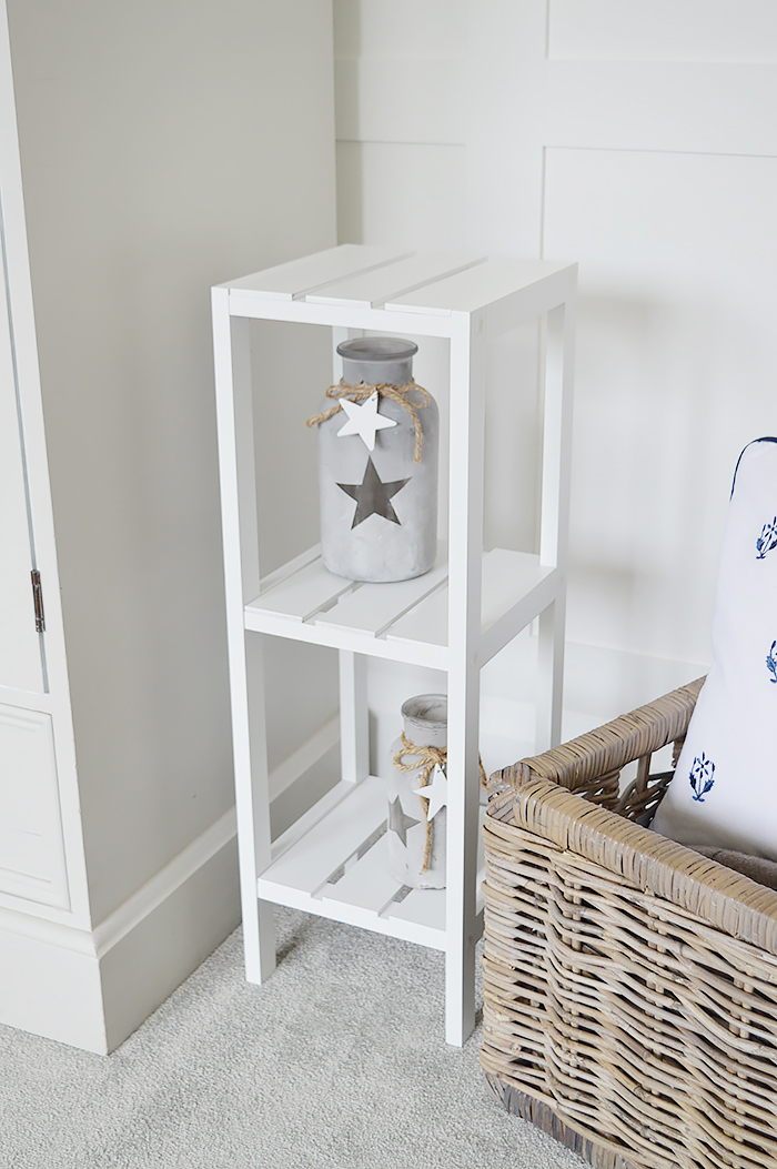 Brighton white three tier narrow shelf unit. Slim shelves for storage from The White LIghthouse Furniture for New England, country, coastal and city home interiors
