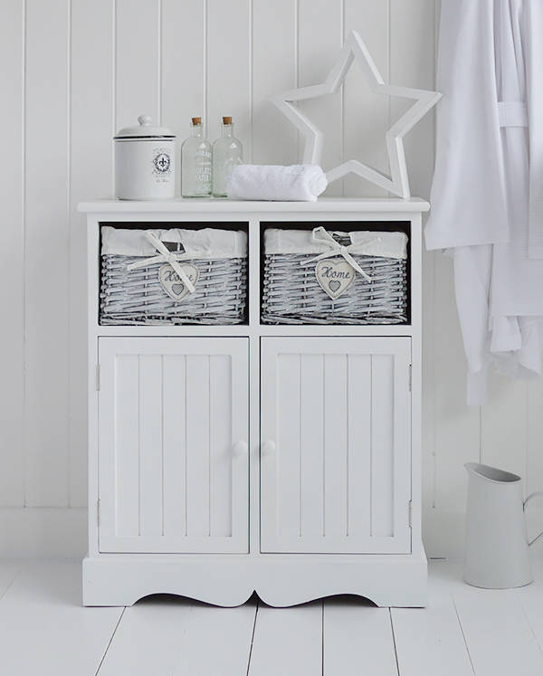 White bathroom double cupboard for storage in white bathroom