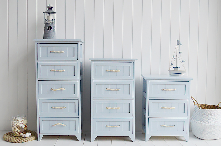 Range of Huntington Beach Bathroom cabinets with drawers for nautical coastal styles bathrooms. Pale blue cabinets with rope handles