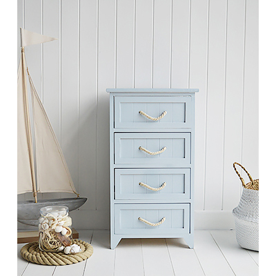 The Huntington Beach four drawer cabinet. The calming pale blue colour of this range alongside the white rope handles is reminiscent of deserted white sandy beaches.Ideal for coastal and nautical styled bathrooms, The Huntington range of bathroom furniture brings the essence of the beach into your home.