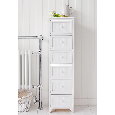 Six drawer tall white bathroom cabinet for storage