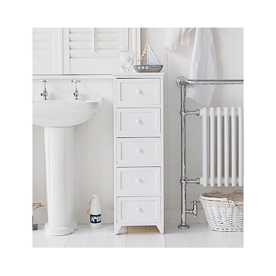 A perfect narrow size of white bathroom cabinet to fit into slim spaces where height is not a problem. Finished in a bright white paint, this five drawer cabinet will suit all styles of bathrooms with its classic but simple design.