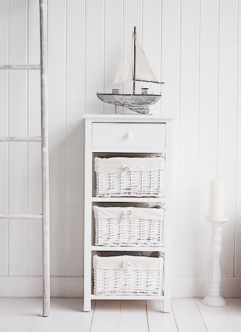 New Haven white tall basket unit for bedroom and bathroom storage furniture