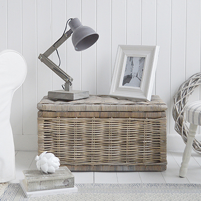 Seaside lamp table in willow basket from The White Lighthouse Furniture and Home Interiors for New England, country, coastal and city homes for hallway, living room, bedroom and bathroom