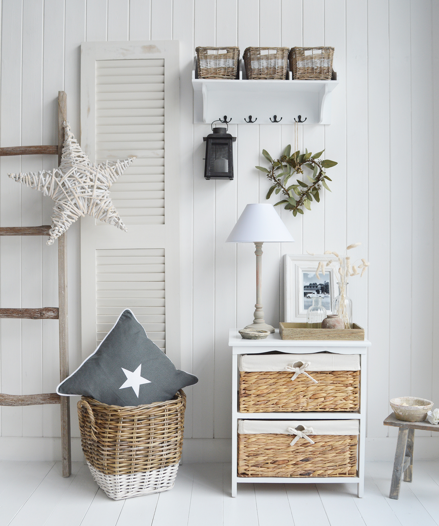 Chesterville White Wall Shelf with Baskets - New England White Furniture for coastal, country and modern farmhouse styled homes and interiors