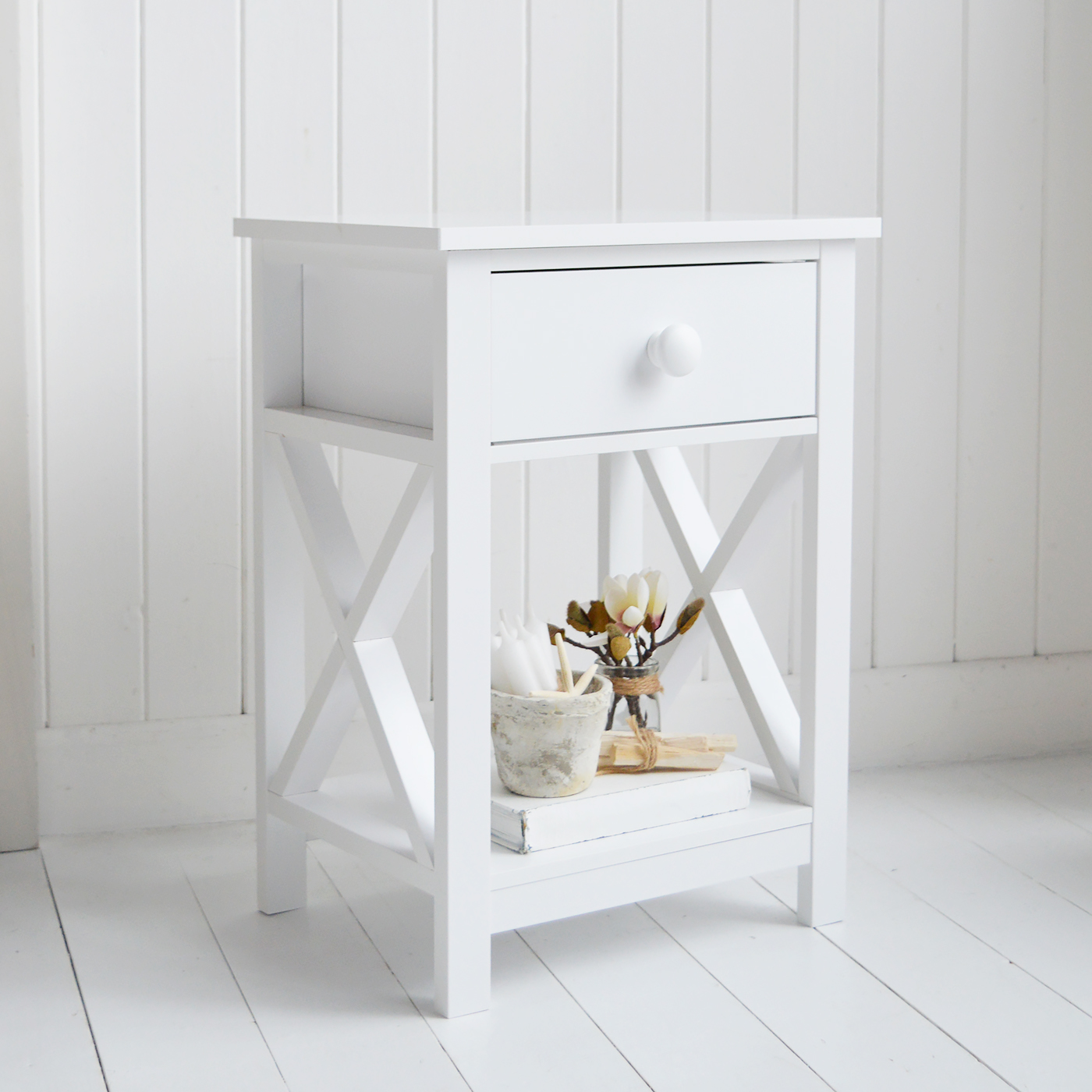 Bar Harbor white bedside table - New England Coastal and Modern Country Furniture. Lamp table with drawer and shelf - living room furniture