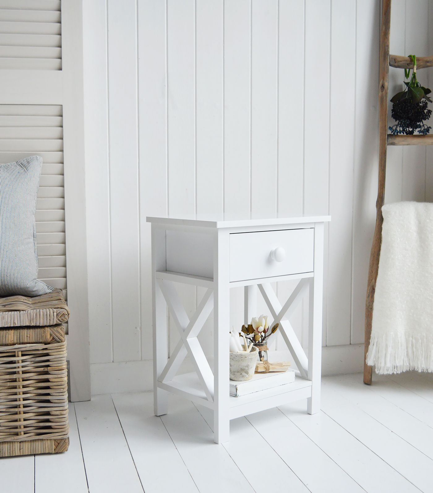 Bar Harbor white bedside table - New England Coastal and Modern Country Furniture. Lamp table with drawer and shelf - bedroom furniture