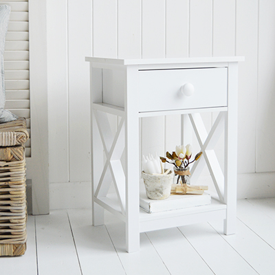The Bar Harbor white lamp or bedside table with a shelf and drawer, ideal piece of coastal furniture for the bedroom, living room or bathroom.
