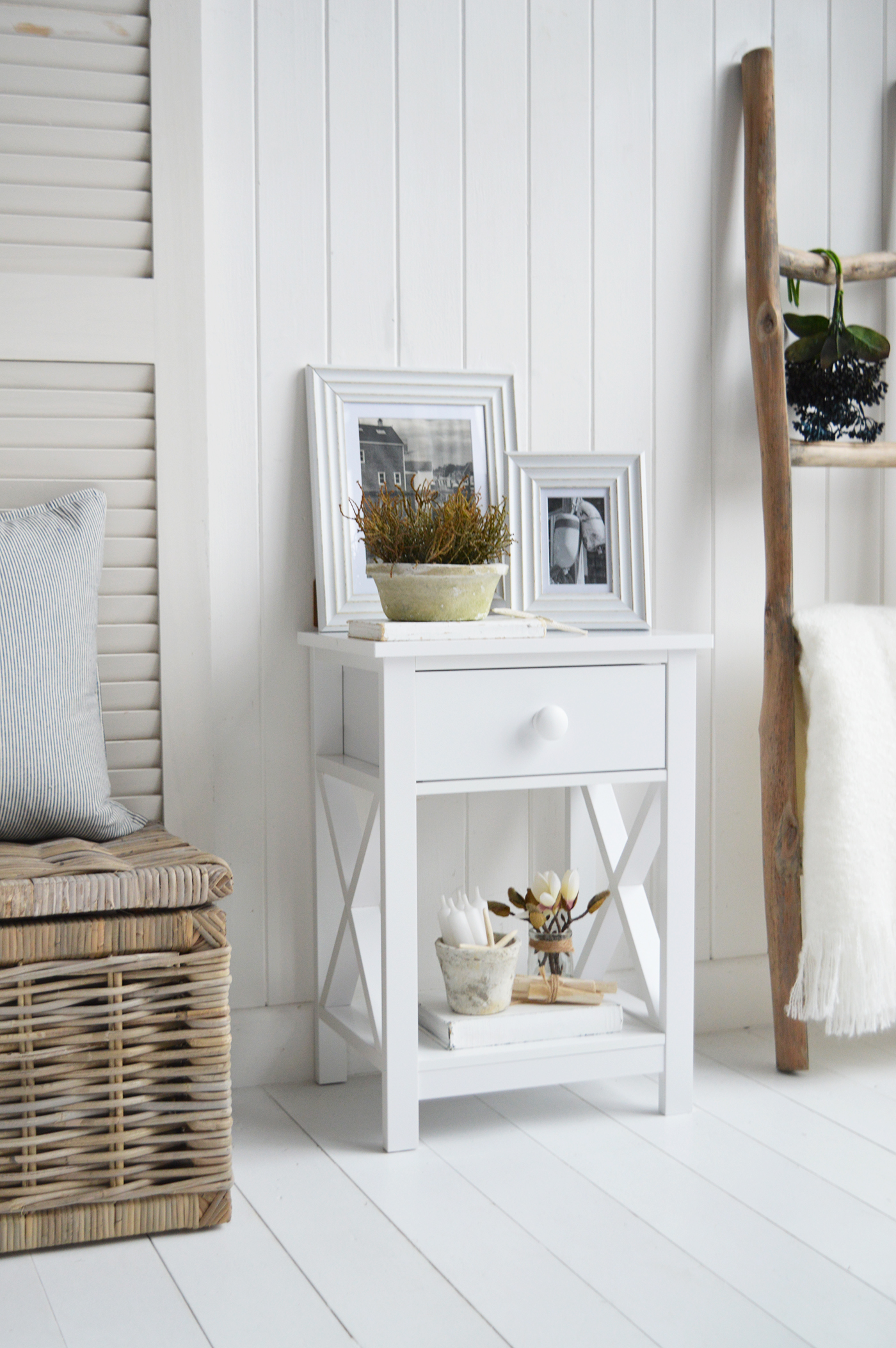 Bar Harbor white bedside table - New England Coastal and Modern Country Furniture. Lamp table with drawer and shelf - white bedroom furniture