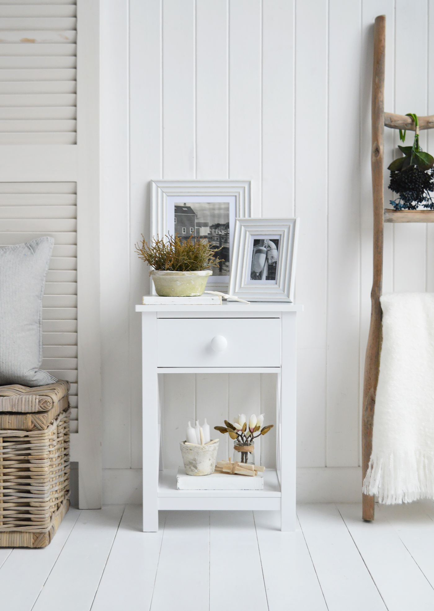 Bar Harbor white bedside table - New England Coastal and Modern Country Furniture. Lamp table with drawer and shelf - lamp table for a coastal living room