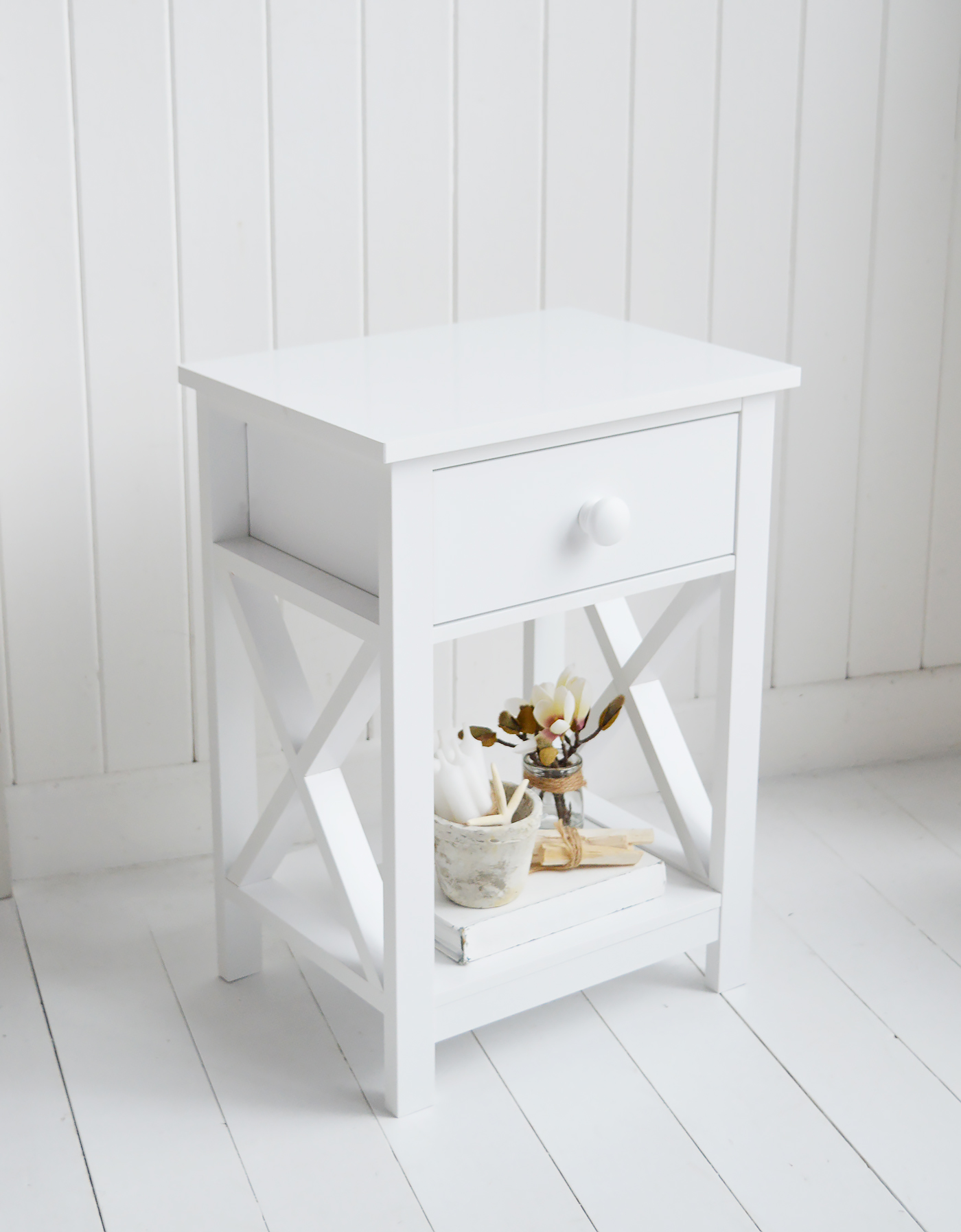 Bar Harbor white bedside table - New England Coastal and Modern Country Furniture. Lamp table with drawer and shelf - living room lamp table