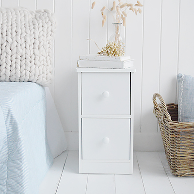 Measuring just 25cm wide, the Bradley narrow bedside table is ideal for coastal and neutral interiors where space is limited.