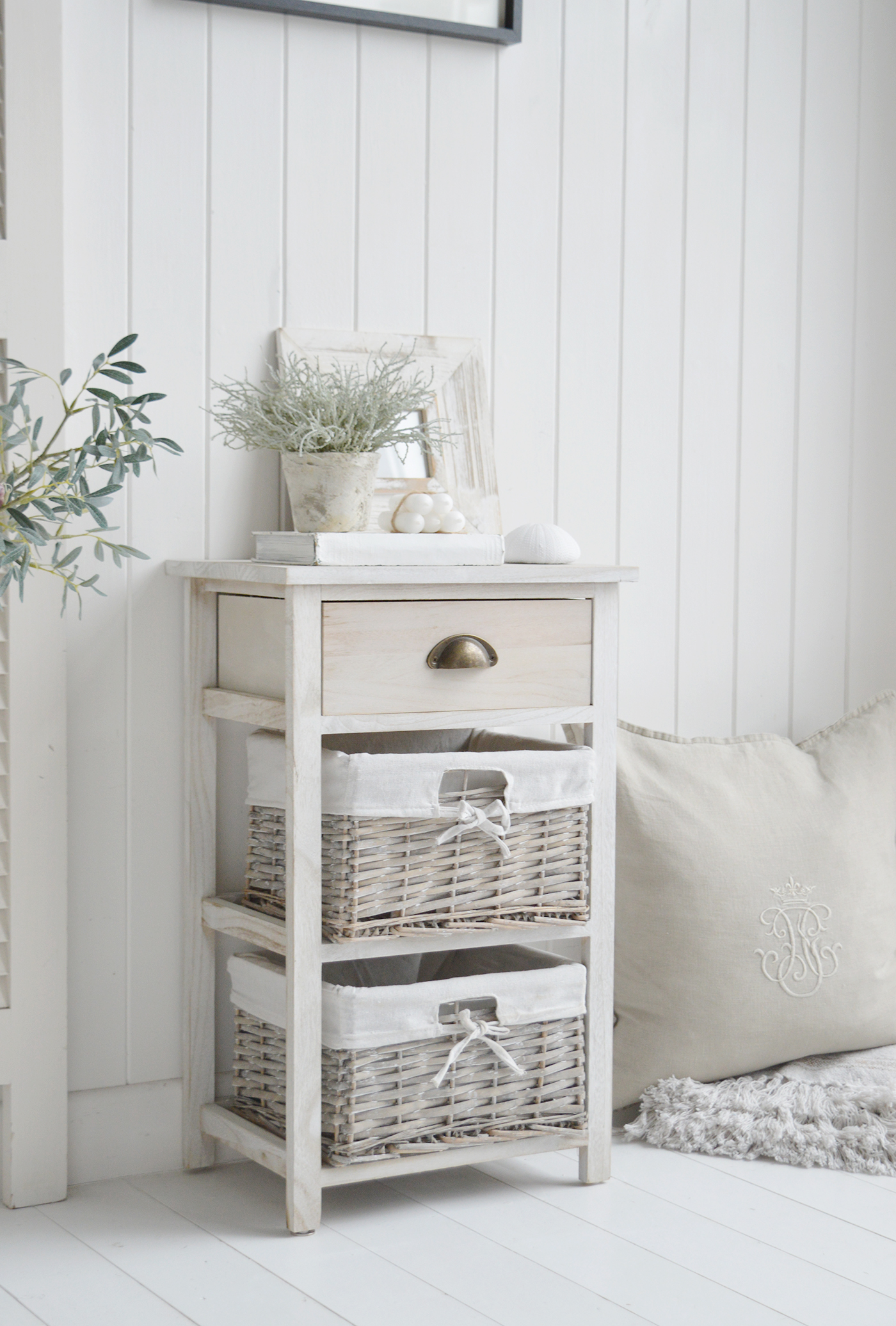 Dorset Cabinet with 3 Drawers in light grey washed wood - New England Coastal and Modern Country Furniture. Storage furniture with baskets. An ideal bedside cabinet