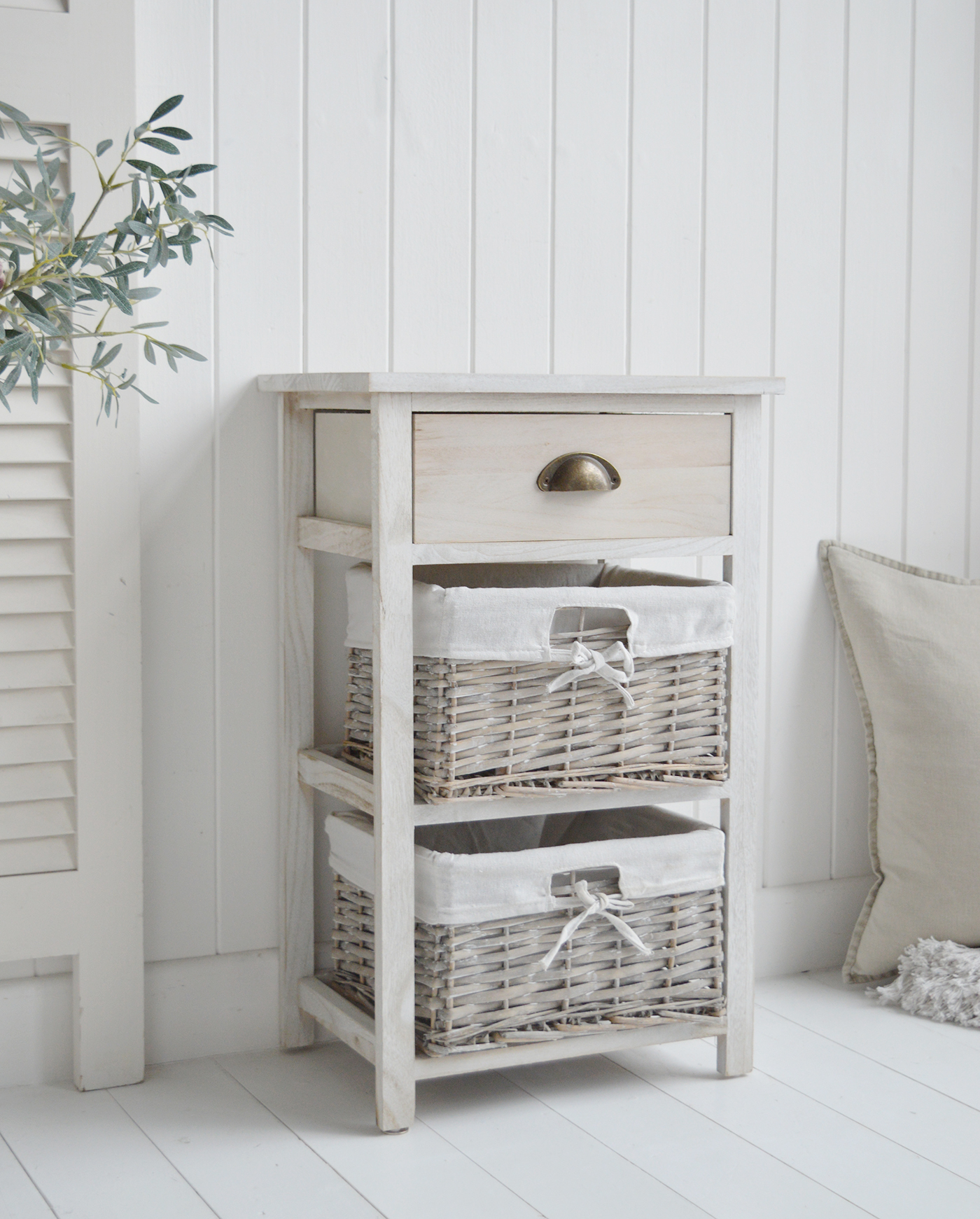 Dorset Cabinet with 3 Drawers in light grey washed wood - New England Coastal and Modern Country Furniture. Storage furniture with baskets, an ideal lamp table for the hallway