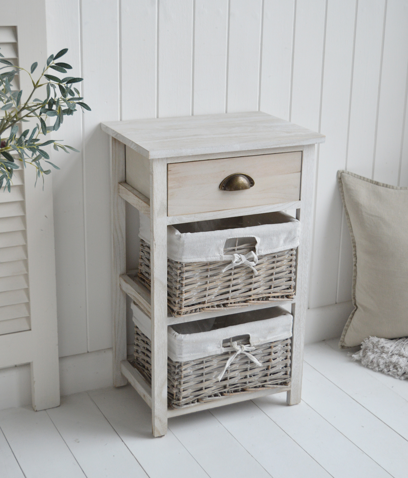 Dorset Cabinet with 3 Drawers in light grey washed wood - New England Coastal and Modern Country Furniture. Storage furniture with baskets. Ideal for storage of toiletries