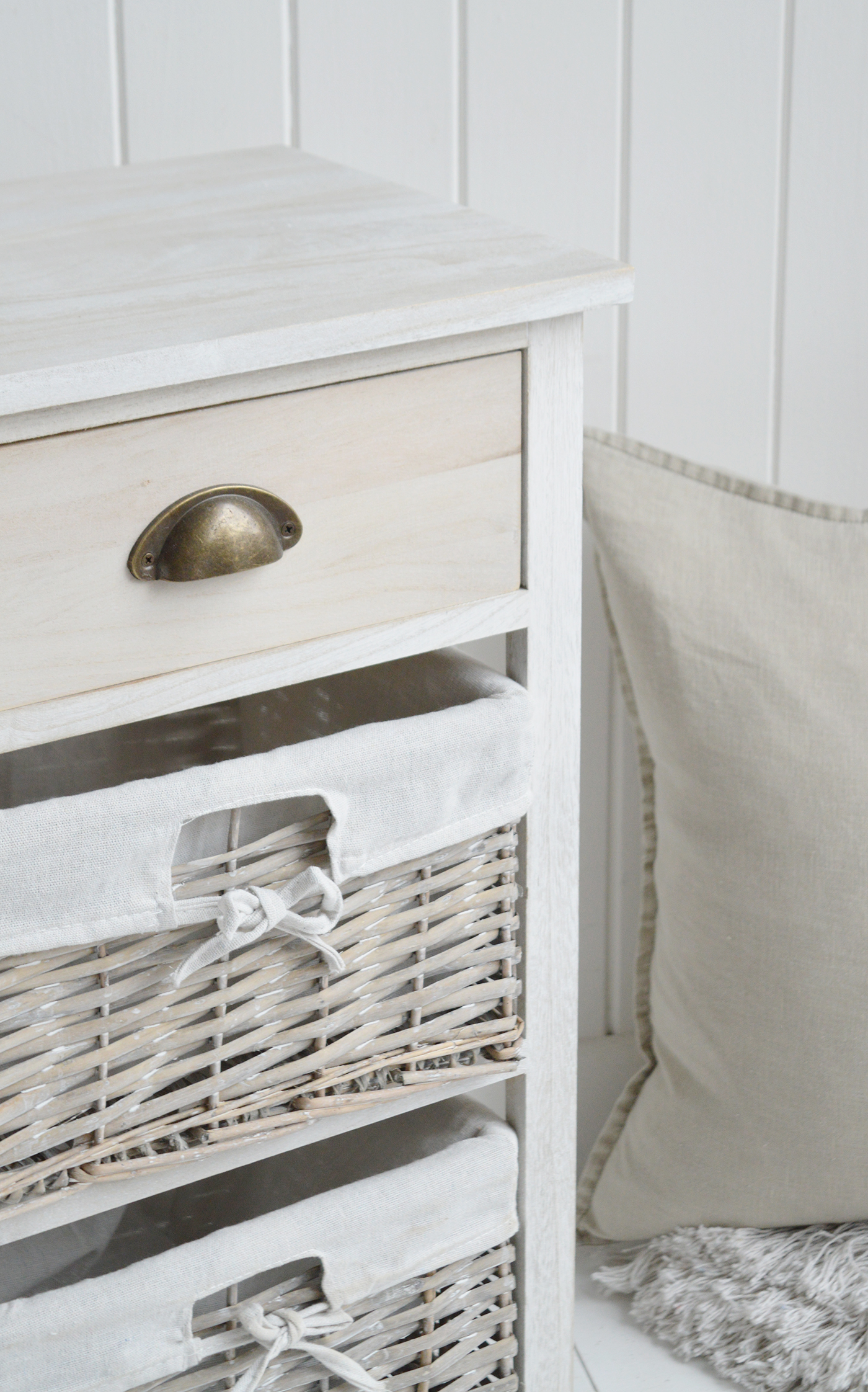 Dorset Cabinet with 3 Drawers in light grey washed wood - New England Coastal and Modern Country Furniture. Storage furniture with baskets, an ideal bedside lamp table