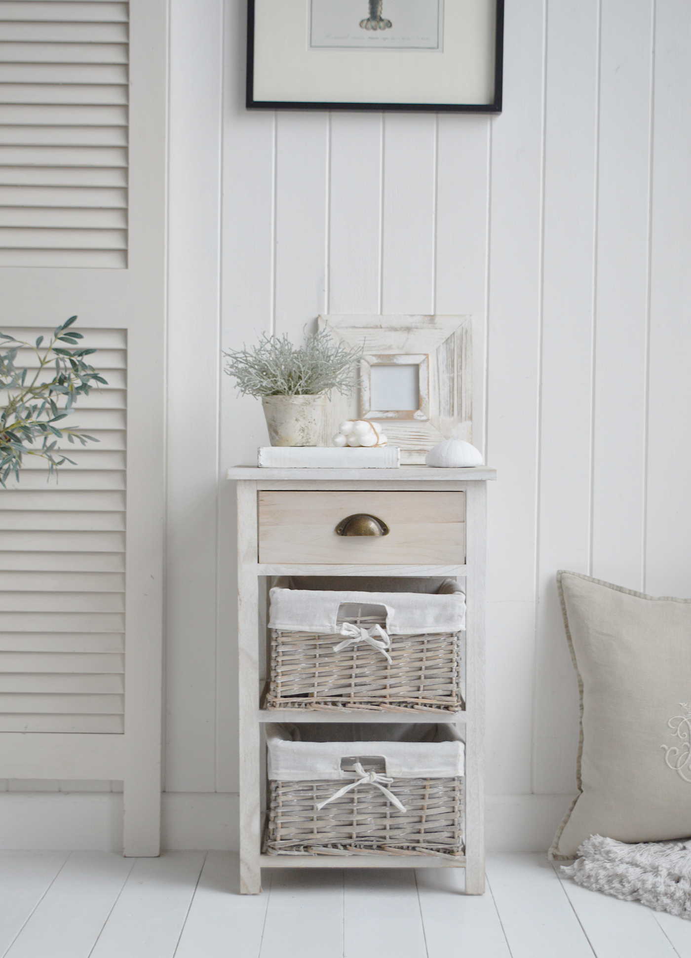 Dorset Cabinet with 3 Drawers in light grey washed wood - New England Coastal and Modern Country Furniture. Storage furniture with baskets, ideal in the living room as a lamp table