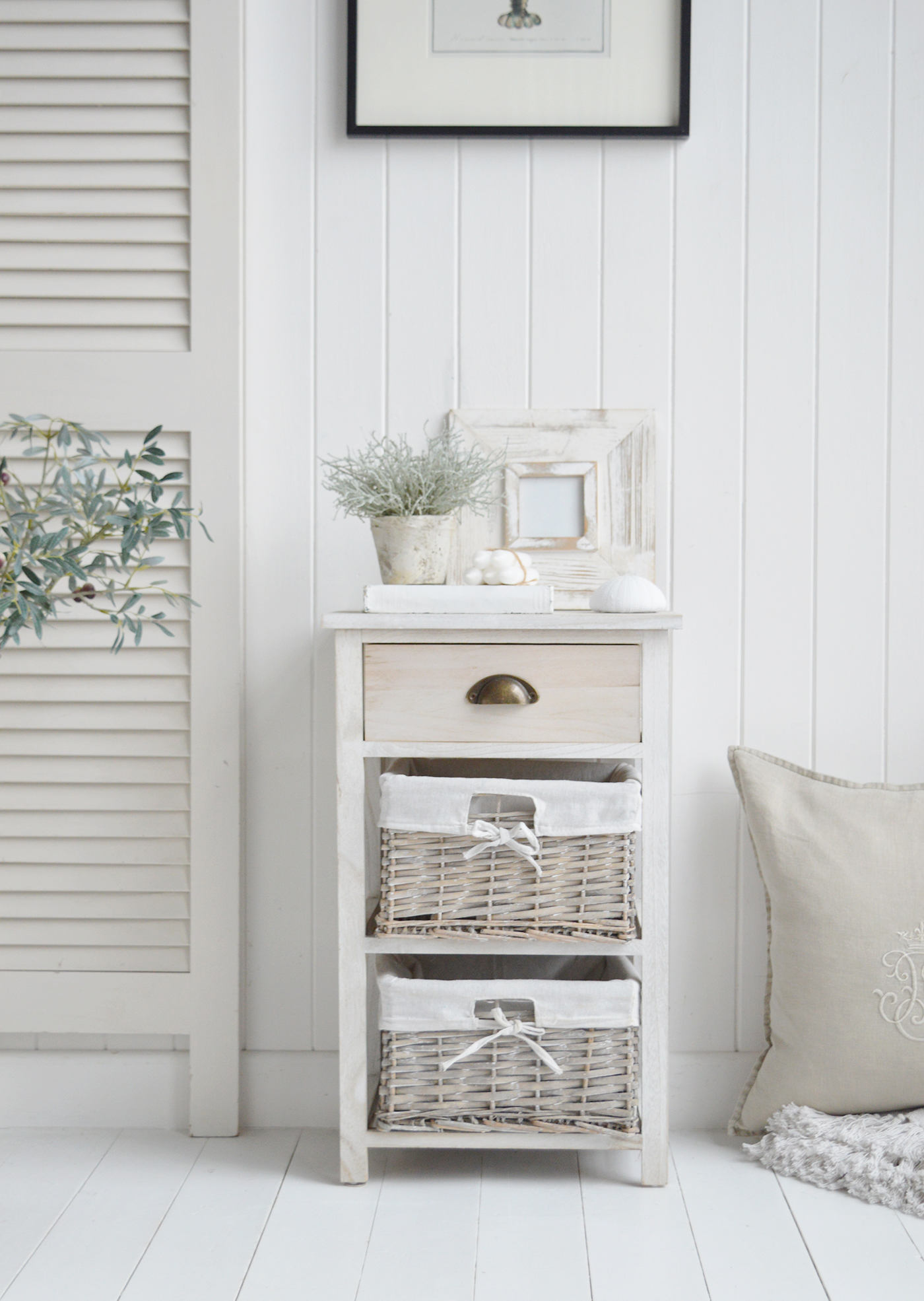 Dorset Cabinet with 3 Drawers in light grey washed wood - New England Coastal and Modern Country Furniture. Storage furniture with baskets. Ideal for the bedroom