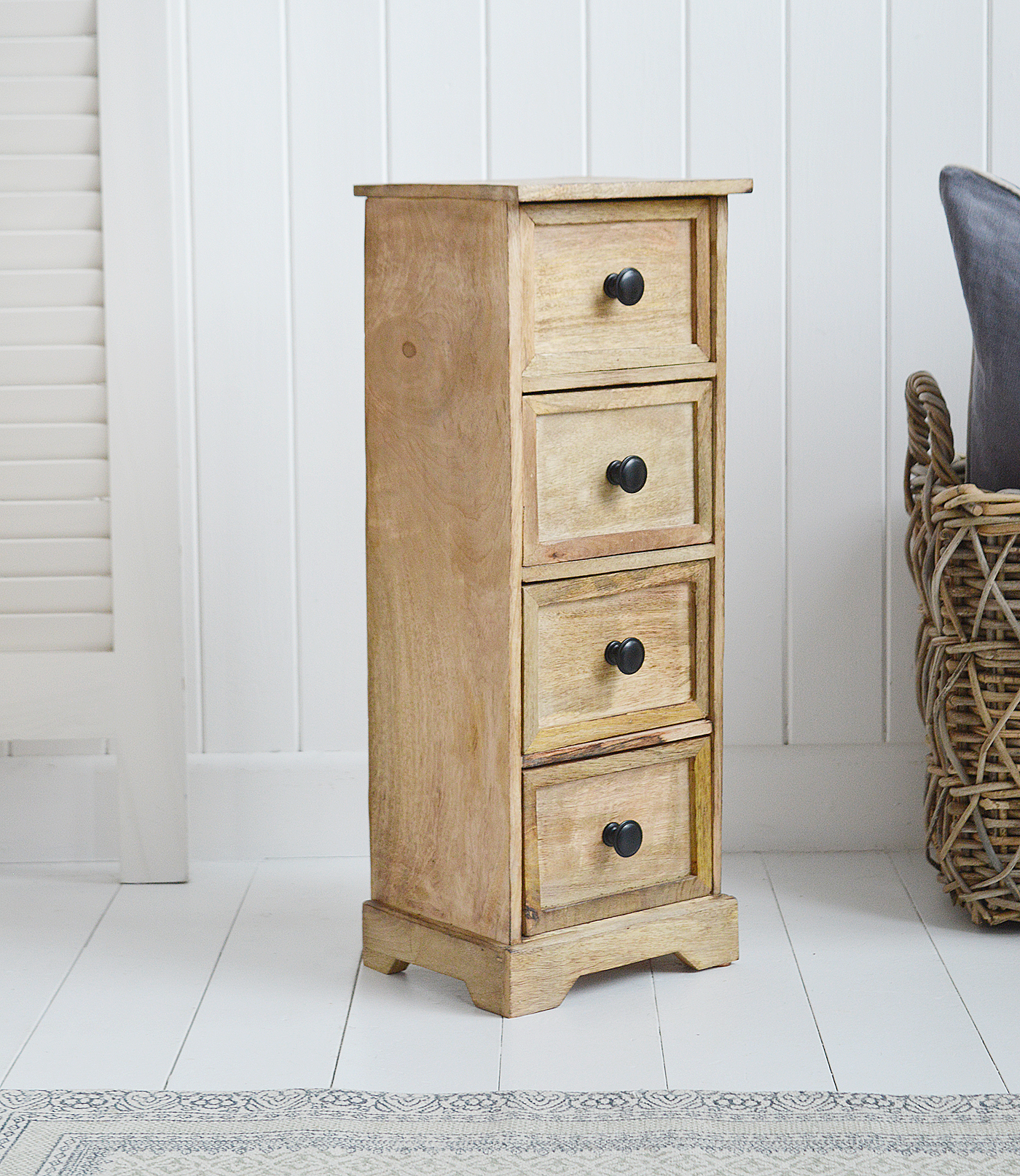 The White Lighthouse living room furniture. Dorset narrow cabinet or lamp table with drawers for living room storage 23cm wide. New England furniture for coastal, country and modern farmhouse styled homes and interiors