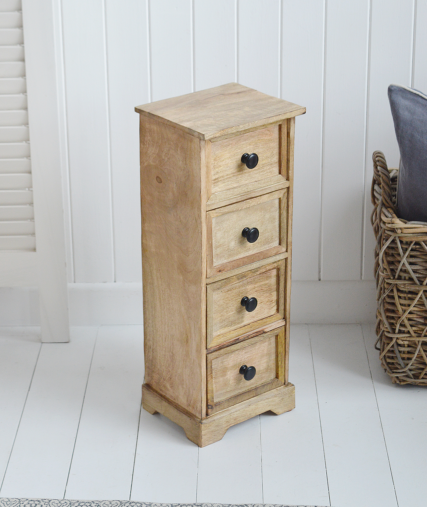 The White Lighthouse living room furniture. Dorset narrow cabinet or lamp table with drawers for living room storage 23cm wide. New England furniture for coastal, country and modern farmhouse styled homes and interiors