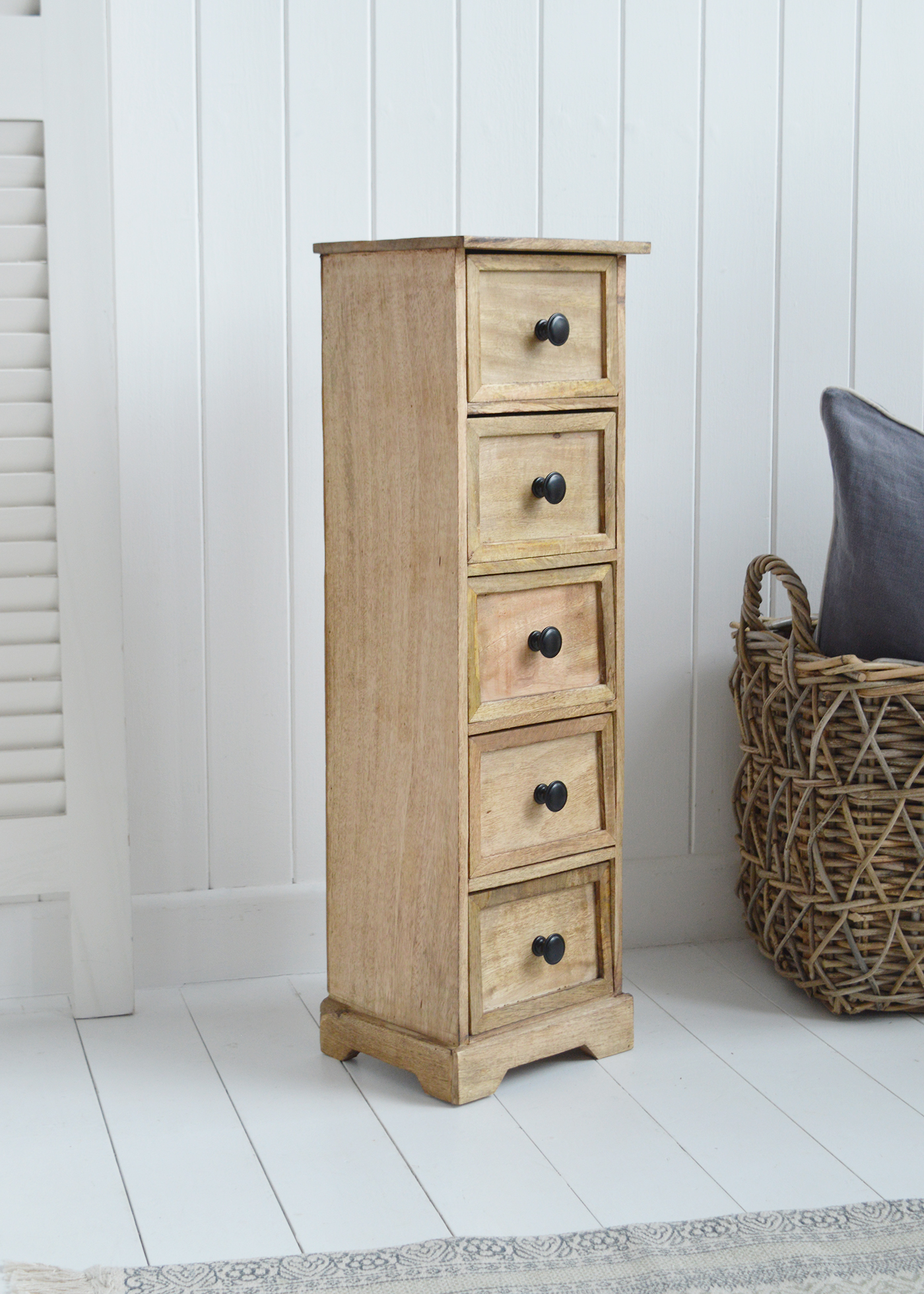 The White Lighthouse living room furniture. Dorset narrow cabinet or lamp table with drawers for living room storage 23cm wide. New England furniture for coastal, country and modern farmhouse styled homes and interiors