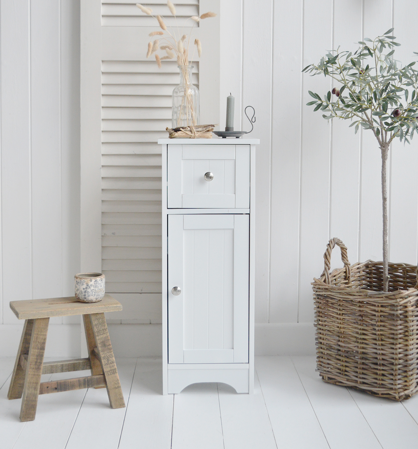 Dorset slim bedside table in white with a drawer and cupboard for storage for New England style white bedroom furniture