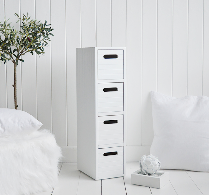 Dorset 17cm very slim narrow white bathroom storage furnitue with 4 drawers