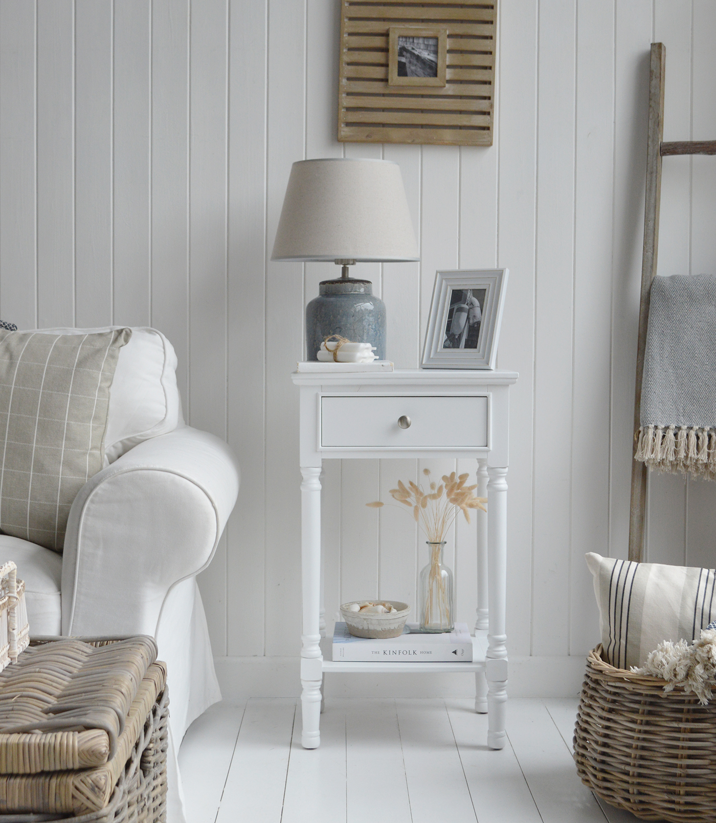 Georgetown white lamp bedside table with drawer and shelf. New England White Furniture. Coastal and Country Interiors