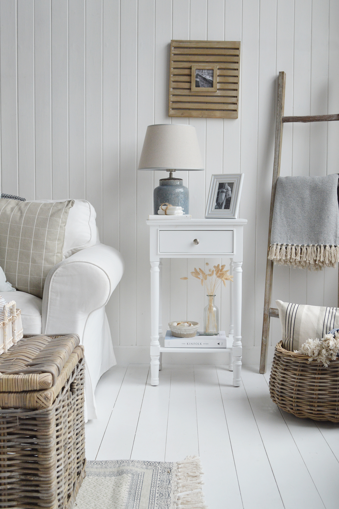 Georgetown white lamp bedside table with drawer and shelf. New England White Furniture. Coastal and Country Interiors