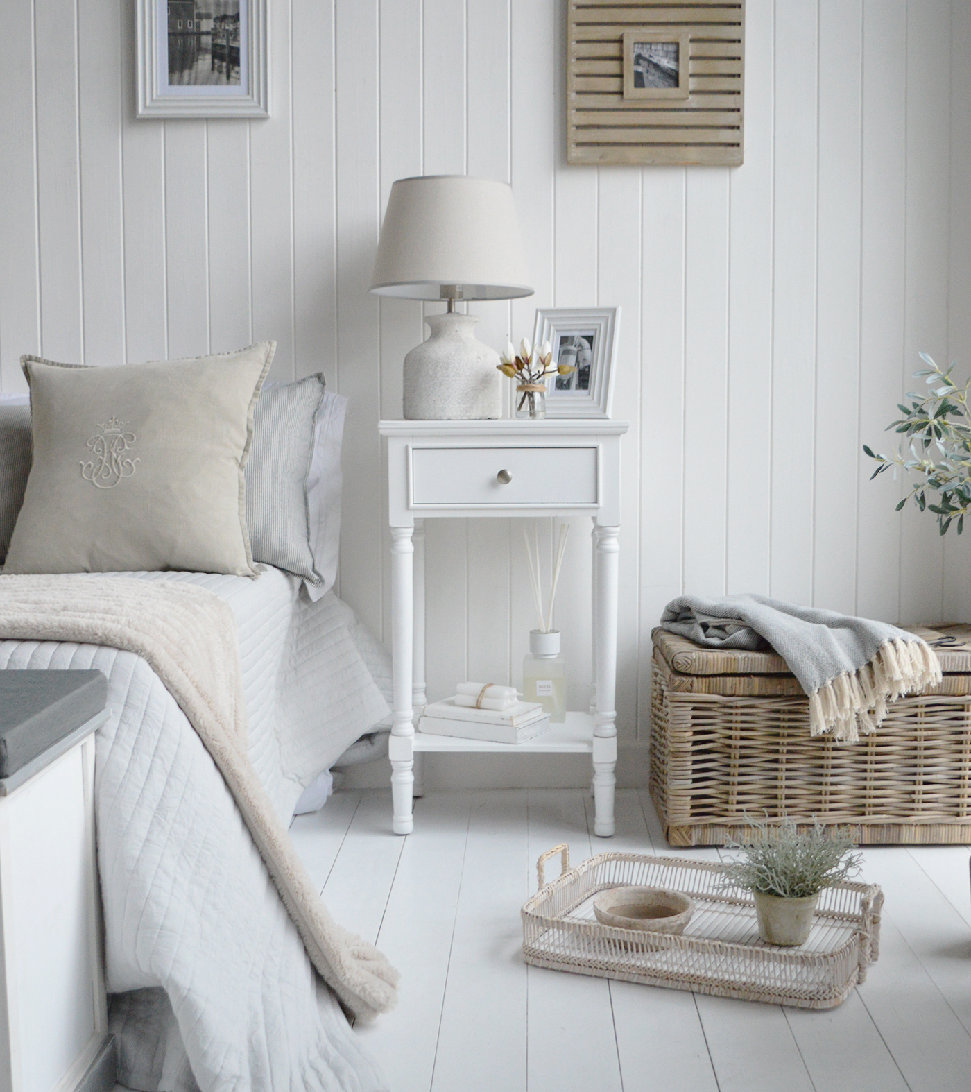 The Georgetown larger white bedside table, shown here in a coastal inspired bedroom 